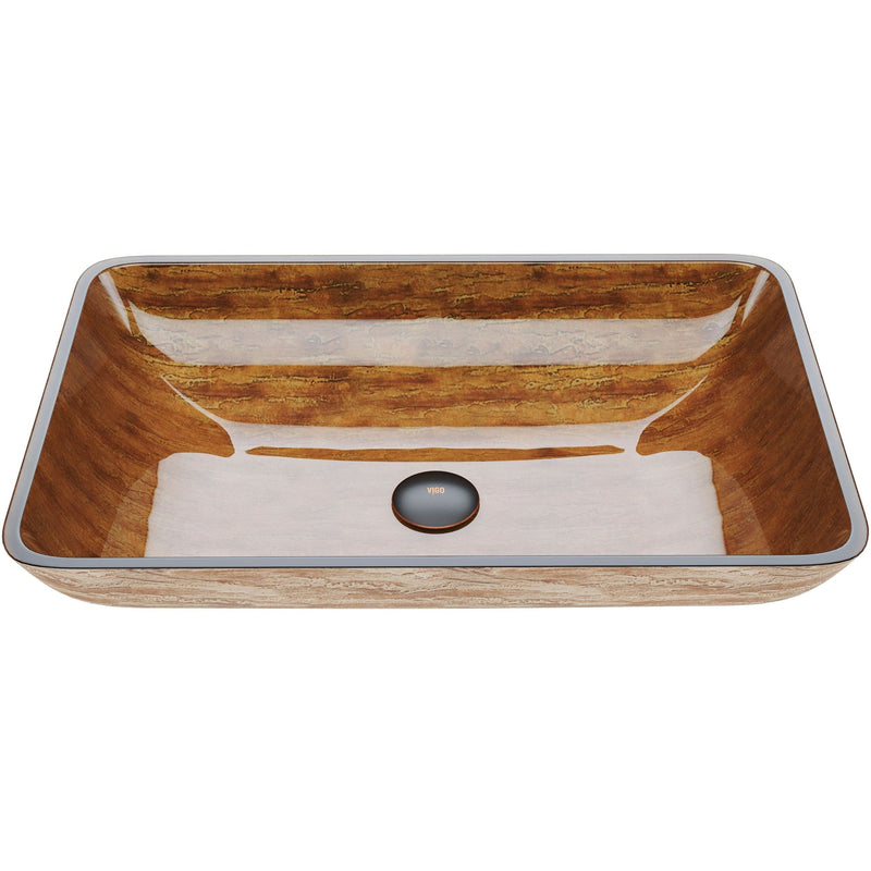 VIGO Glass Rectangular Vessel Bathroom Sink/Basin with Rounded Edges & Deep Bowl, Amber Sunset H5