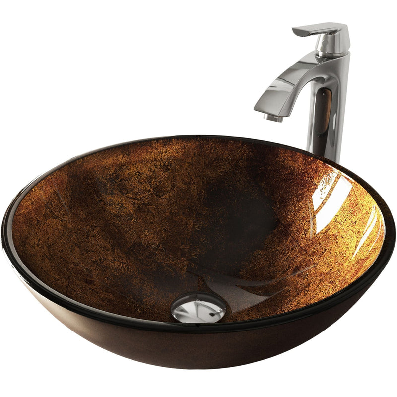 VIGO Glass Russet Brown Bathroom Sink/Basin Set with Linus Faucet and Round Vessel O9