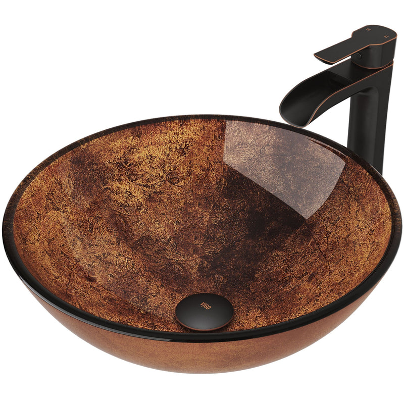 VIGO Glass Russet Brown Bathroom Sink/Basin Set with Niko Faucet and Round Vessel A1