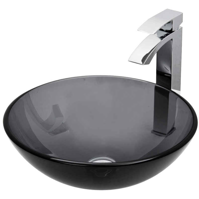 VIGO Glass Sheer Black Bathroom Sink/Basin Set with Duris Faucet and Round Vessel Q0