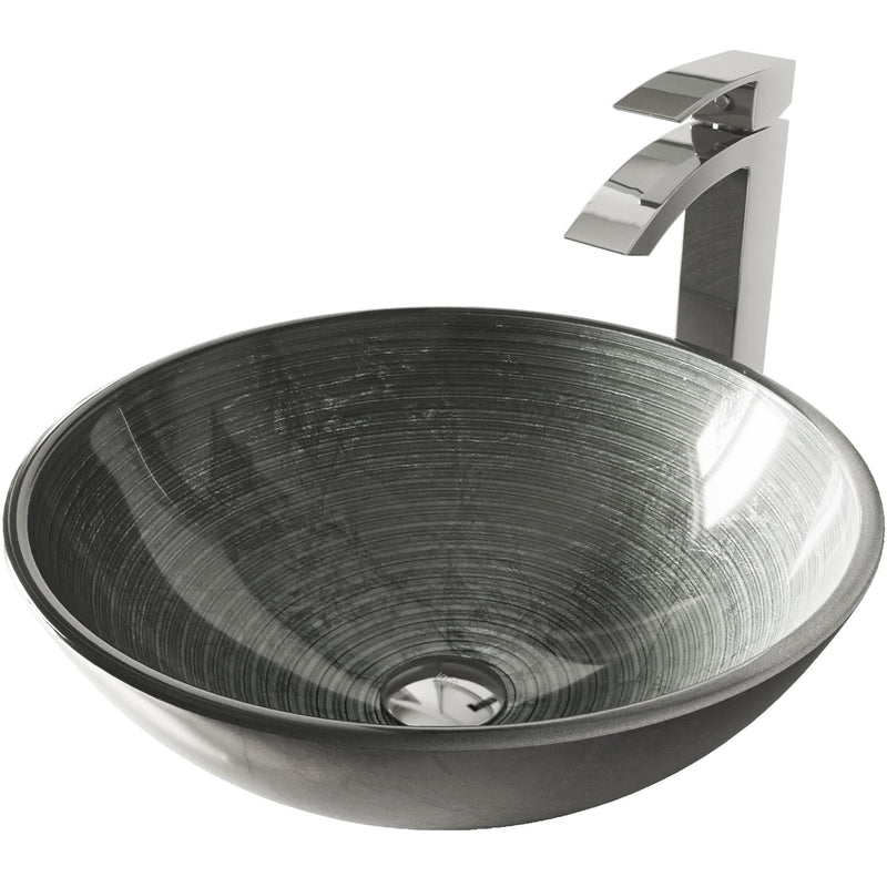 VIGO Glass Simply Silver Bathroom Sink/Basin Set with Chrome Duris Faucet and Round Vessel Q6
