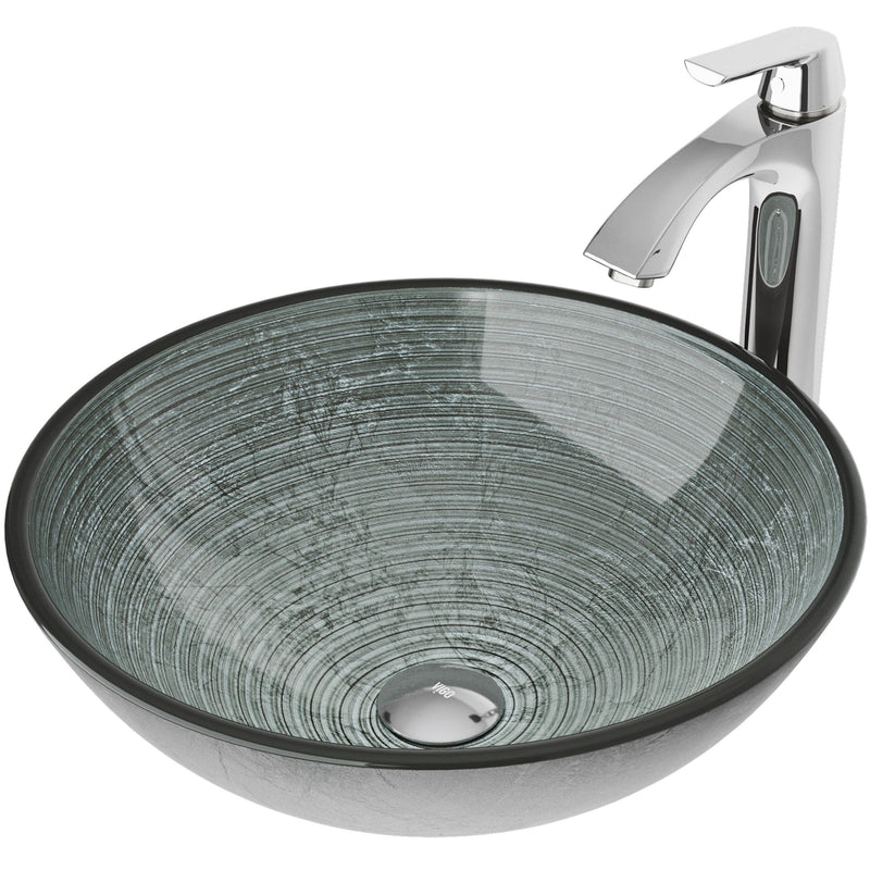 VIGO Glass Simply Silver Bathroom Sink/Basin Set with Linus Faucet and Round Vessel V7