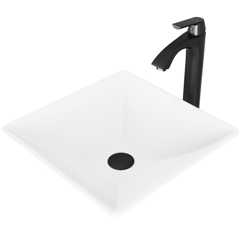 VIGO Hibiscus MatteStone White Bathroom Sink/Basin Set with Linus Faucet and Square Composite Vessel C4