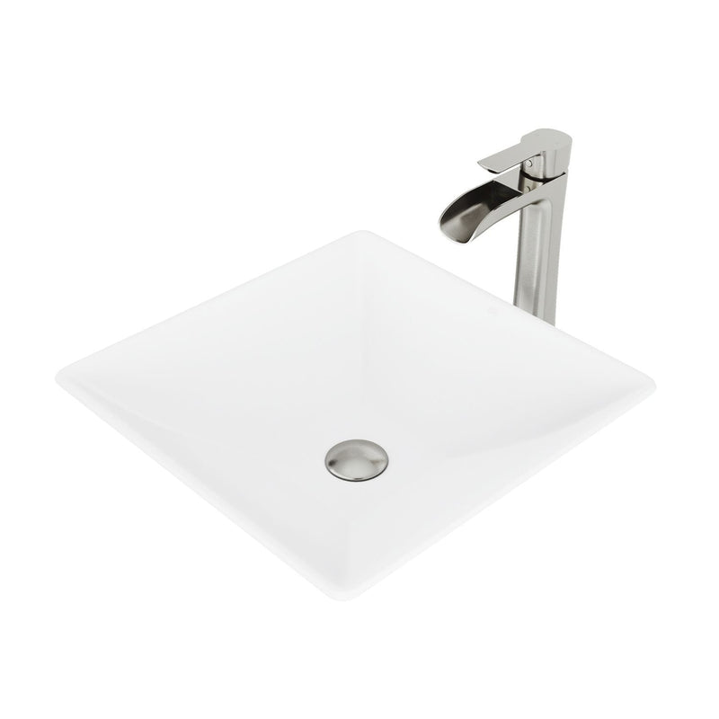 VIGO Hibiscus MatteStone White Bathroom Sink/Basin Set with Niko Faucet and Square Composite Vessel I5