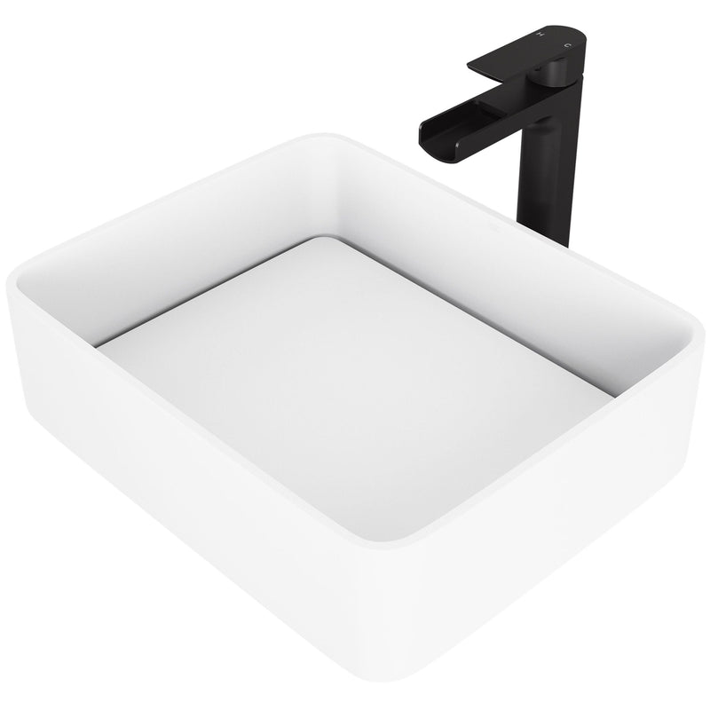VIGO Jasmine MatteStone White Bathroom Sink/Basin Set with Amada Faucet and Rectangular Composite Vessel X0