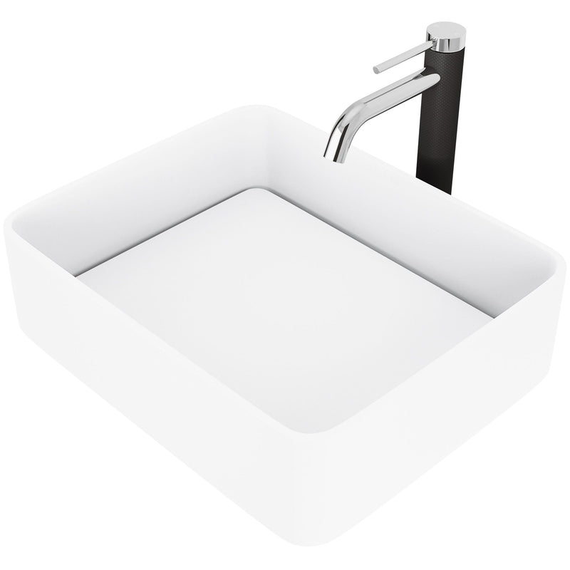 VIGO Jasmine MatteStone White Bathroom Sink/Basin Set with Lexington Faucet and Rectangular Composite Vessel S2