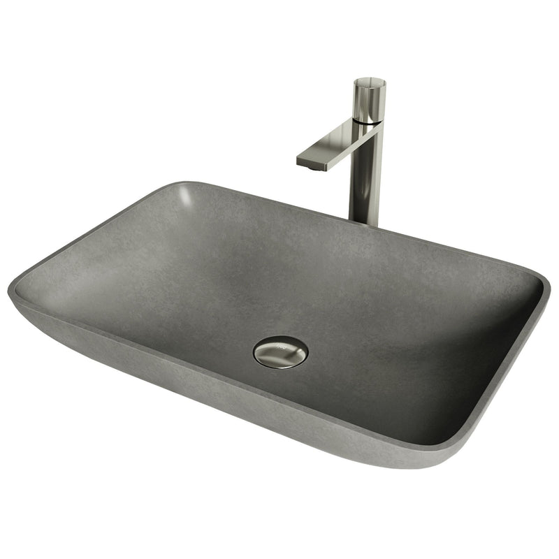 VIGO Lorca ConcretoStone Grey Bathroom Sink/Basin Set with Gotham Faucet and Rectangular Vessel U9