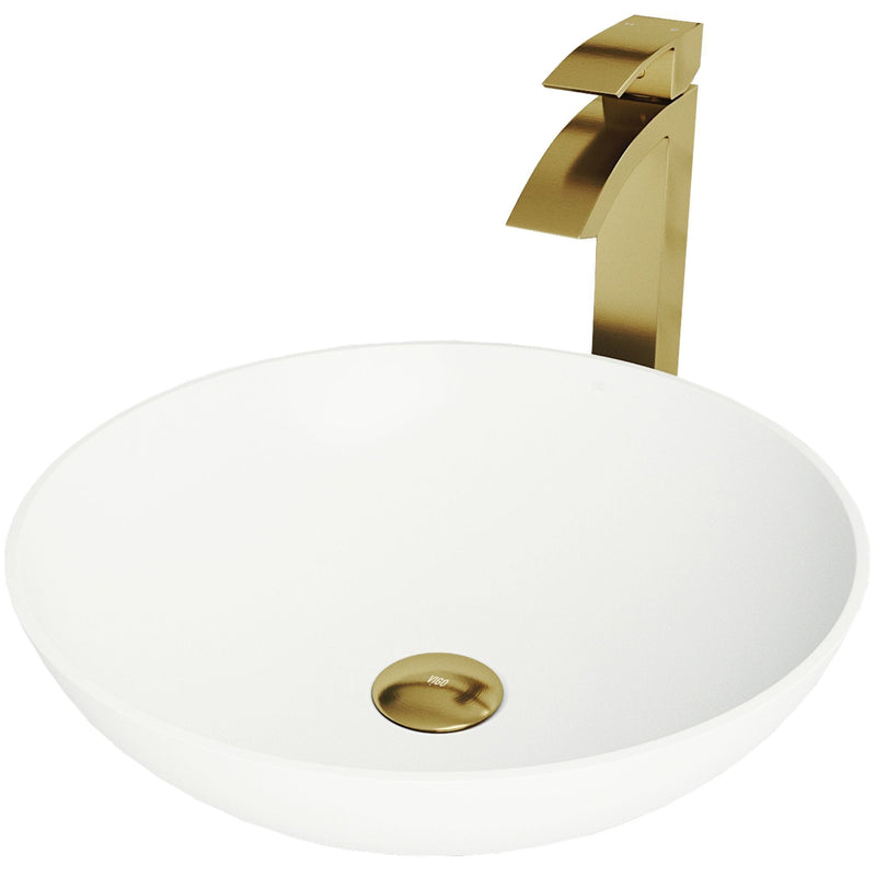 VIGO Lotus MatteStone Round White Composite Bathroom Sink/Basin Set with Duris Faucet and Pop-Up Drain C6