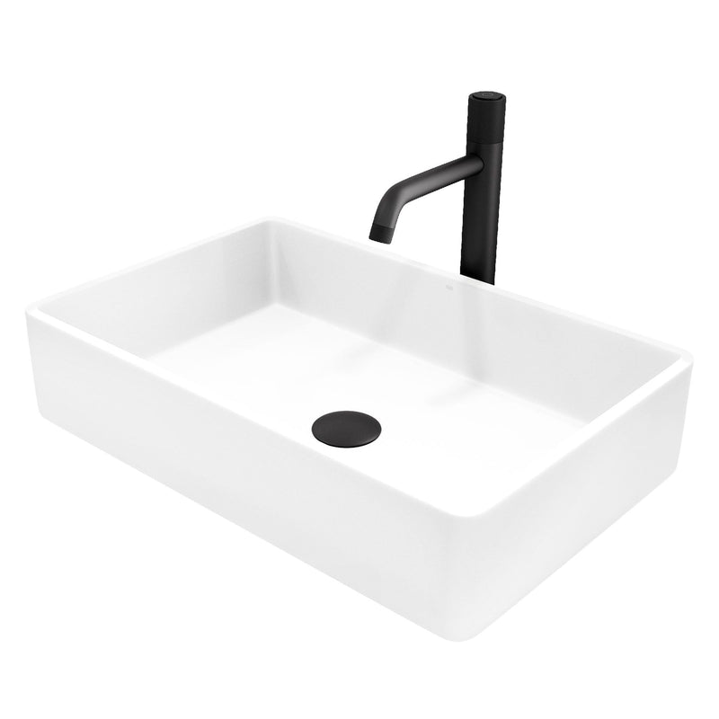 VIGO Magnolia MatteStone White Bathroom Sink/Basin Set with Apollo Faucet and Rectangular Composite Vessel H5
