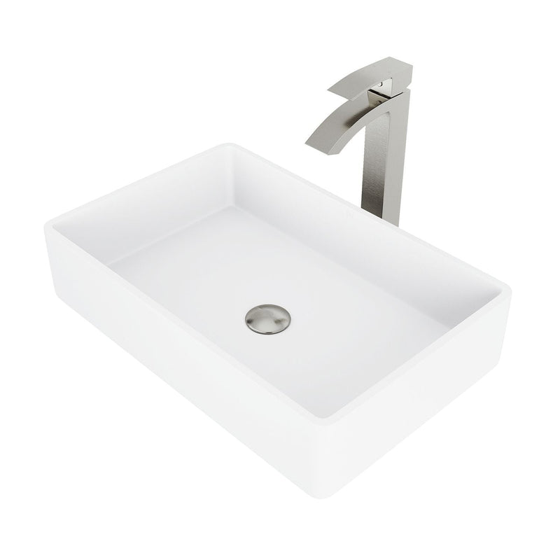 VIGO Magnolia MatteStone White Bathroom Sink/Basin Set with Duris Faucet and Rectangular Composite Vessel B3