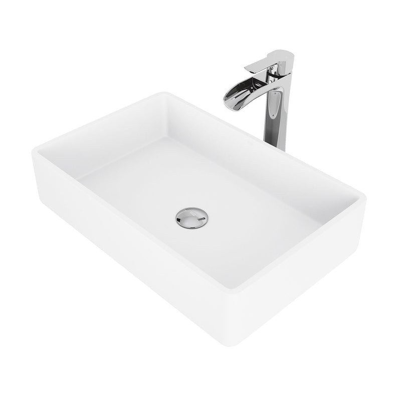 VIGO Magnolia MatteStone White Bathroom Sink/Basin Set with Niko Faucet and Rectangular Composite Vessel G0