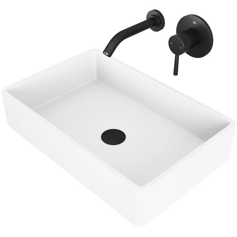 VIGO Magnolia MatteStone White Bathroom Sink/Basin Set with Olus Wall Mount Faucet and Rectangular Composite Vessel E0