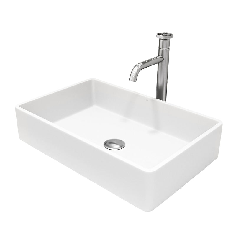 VIGO Magnolia MatteStone White Bathroom Sink/Basin Set with Ruxton Faucet and Rectangular Composite Vessel V1