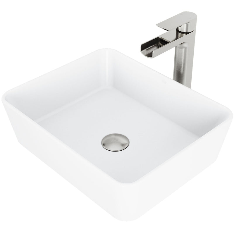 VIGO Marigold MatteStone Matte White Bathroom Sink/Basin Set with Amada Faucet and Rectangular Composite Vessel N1