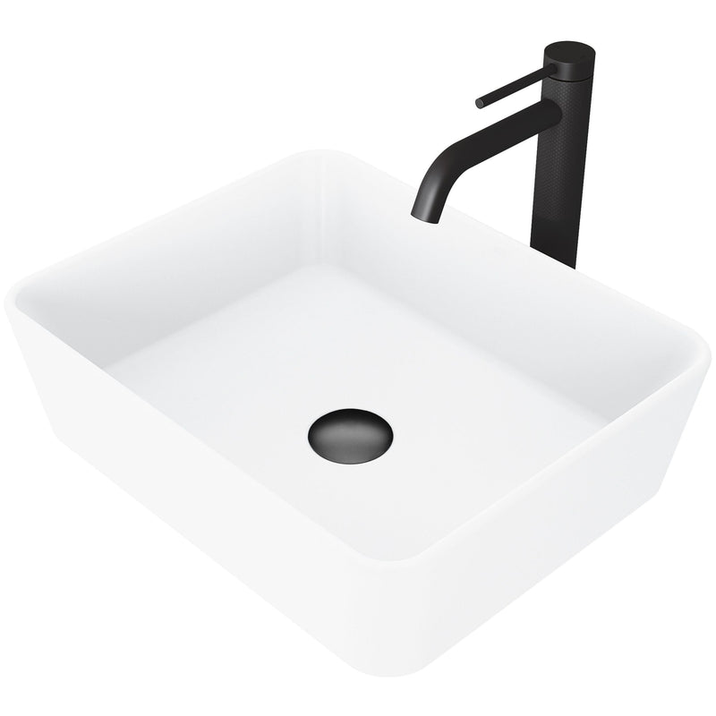 VIGO Marigold MatteStone Matte White Bathroom Sink/Basin Set with Lexington Faucet and Rectangular Composite Vessel W4