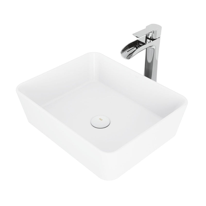 VIGO Marigold MatteStone Matte White Bathroom Sink/Basin Set with Niko Faucet and Rectangular Composite Vessel V8