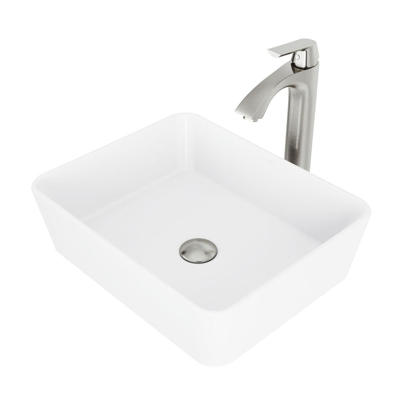 VIGO Marigold MatteStone White Bathroom Sink/Basin Set with Linus Faucet and Rectangular Composite Vessel G7