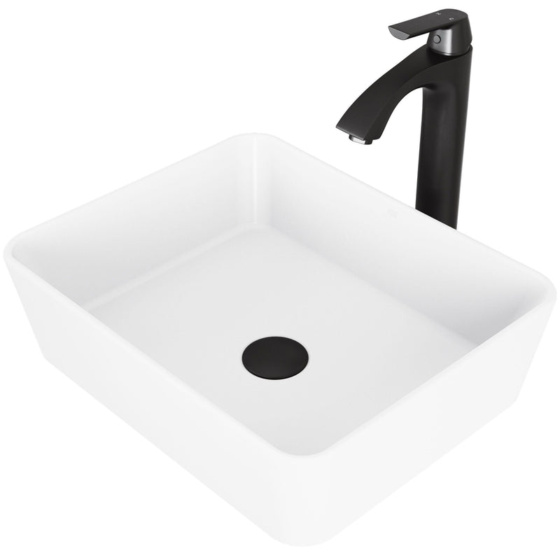 VIGO Marigold MatteStone White Bathroom Sink/Basin Set with Matte Black Linus Faucet and Rectangular Composite Vessel V4