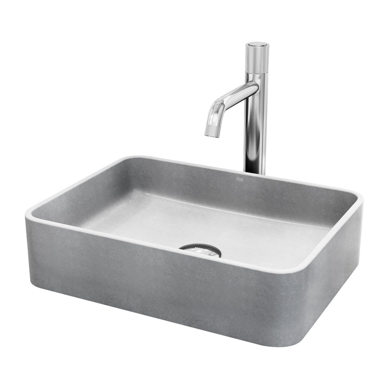 VIGO Segovia Gothic ConcretoStone Grey Bathroom Sink/Basin Set with Apollo Faucet and Rectangular Vessel L6