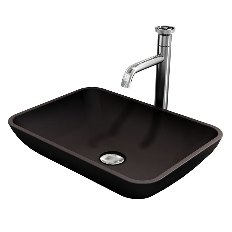 VIGO Sottile MatteShell Matte Black Bathroom Sink/Basin Set with Cass Faucet and Glass Rectangular Vessel N7