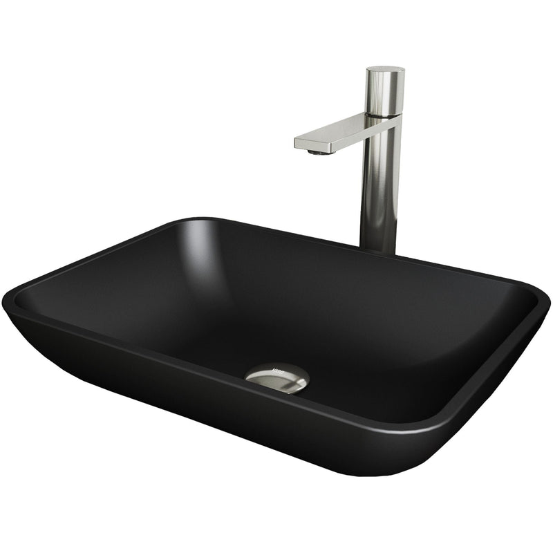 VIGO Sottile MatteShell Matte Black Bathroom Sink/Basin Set with Gotham Faucet and Glass Rectangular Vessel M1