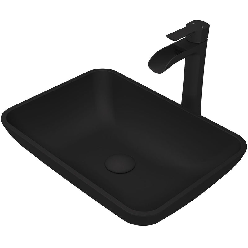 VIGO Sottile MatteShell Matte Black Bathroom Sink/Basin Set with Niko Faucet and Glass Rectangular Vessel E8