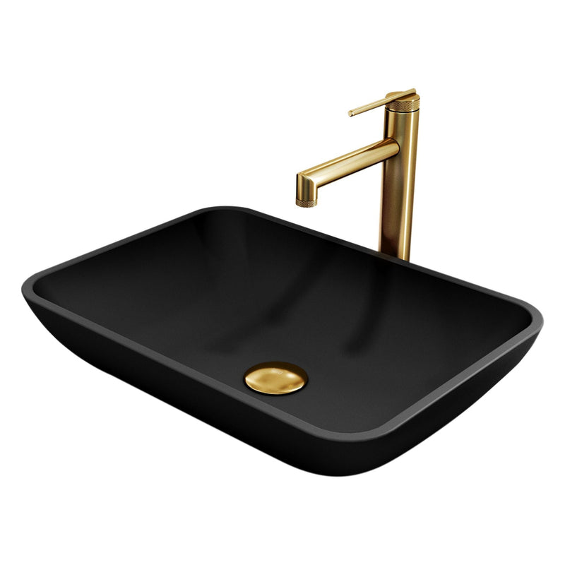 VIGO Sottile MatteShell Matte Black Bathroom Sink/Basin Set with Sterling Faucet and Glass Rectangular Vessel R8