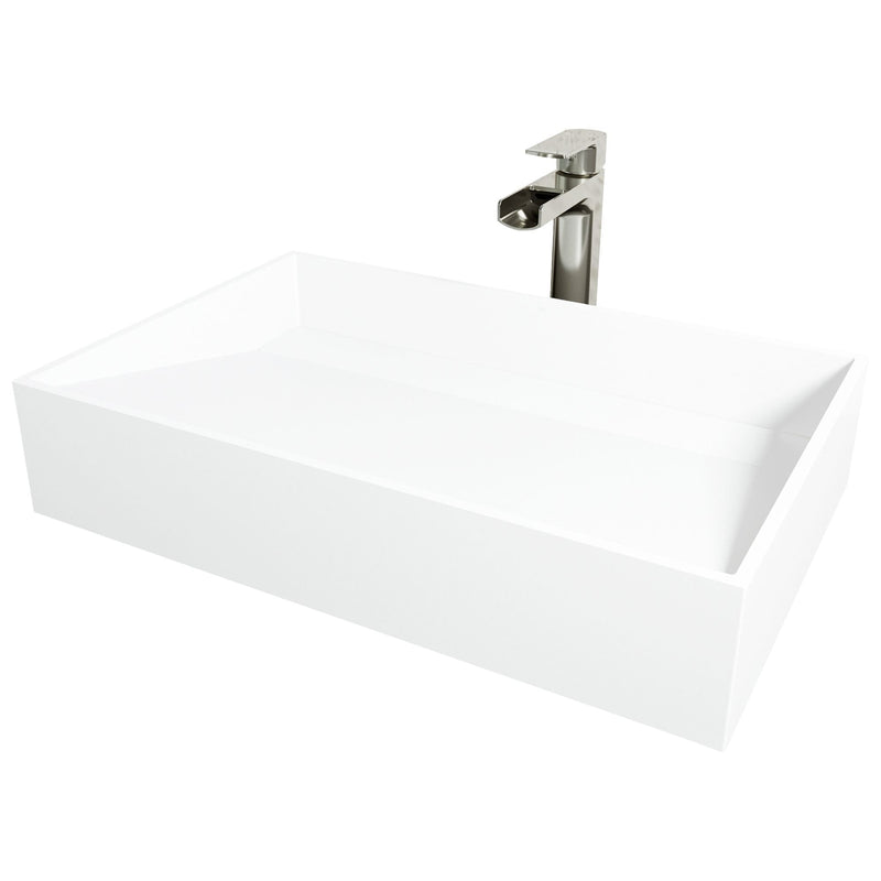 VIGO Starr Glass MatteStone White Bathroom Sink/Basin Set with Amada Faucet and Rectangular Composite Vessel M4