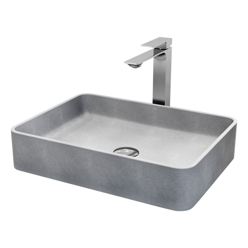 VIGO Tarragona Gothic ConcretoStone Grey Bathroom Sink/Basin Set with Dunn Faucet and Rectangular Vessel T0
