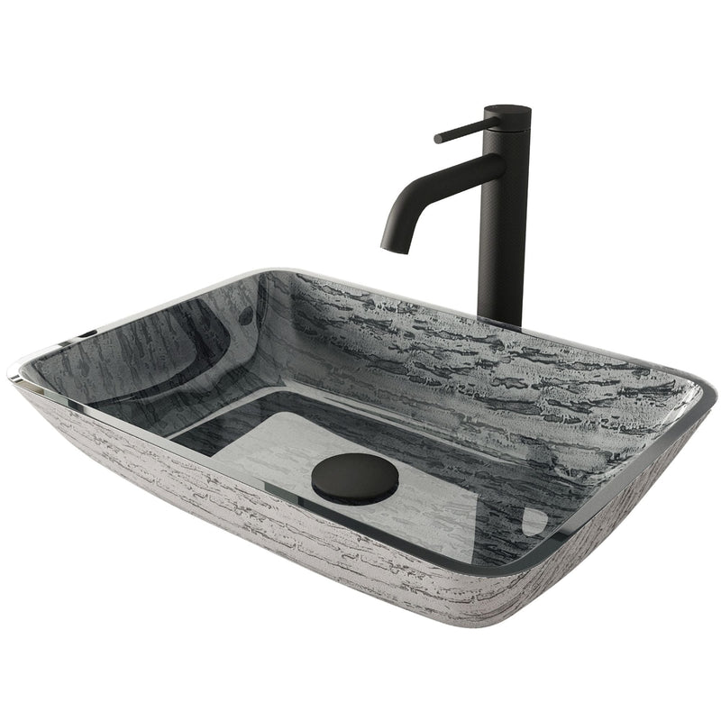 VIGO Titanium Glass Slate Grey Bathroom Sink/Basin Set with Lexington Faucet and Rectangular Vessel V5