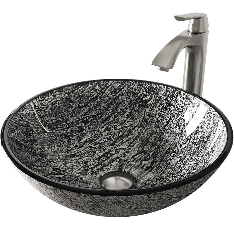 VIGO Titanium Glass Slate Grey Bathroom Sink/Basin Set with Linus Faucet and Round Vessel G5