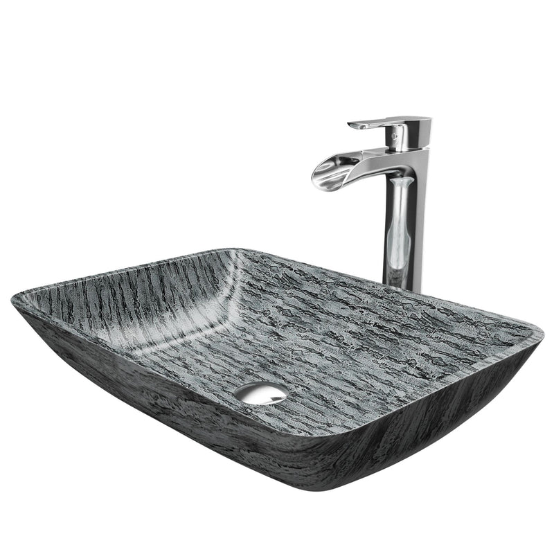 VIGO Titanium Glass Slate Grey Bathroom Sink/Basin Set with Niko Faucet and Rectangular Vessel Y3