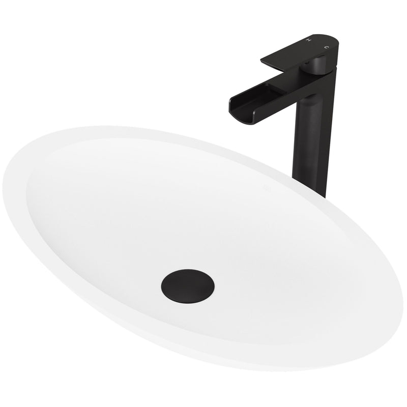 VIGO Wisteria MatteStone White Bathroom Sink/Basin Set with Amada Faucet and Oval Composite Vessel E1