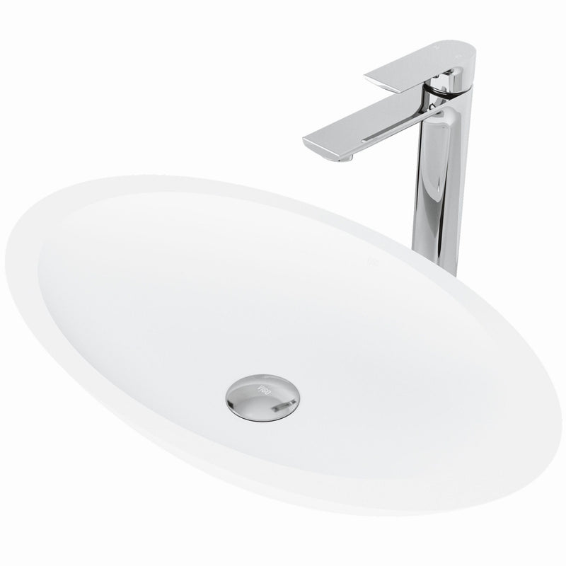 VIGO Wisteria MatteStone White Bathroom Sink/Basin Set with Norfolk Faucet and Oval Composite Vessel I3